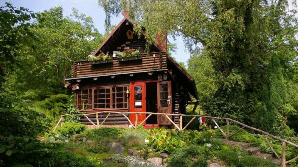 Außenansicht mit einem Blockhaus in einem Waldgebiet. Das Haus hat einen breiten Balkon und eine rote Eingangstür.